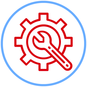 Red icon of wrench and gear surrounded by blue circle