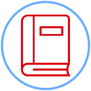 Red book icon surrounded by blue circle