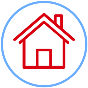 Red house icon surrounded by blue circle