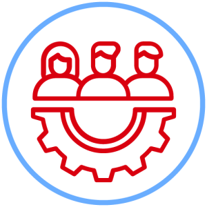 Red icon of team of people with blue circle around it