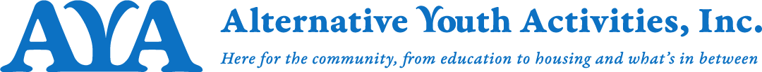 AYA Blue Horizontal Logo with tagline, "Here for the community, from education to housing and what's in between"